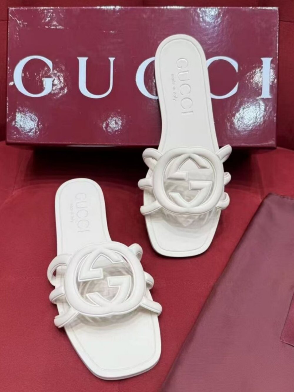 Gucci White Interlocking‑G Ring Strap Square‑Toe Flat Slide Sandals